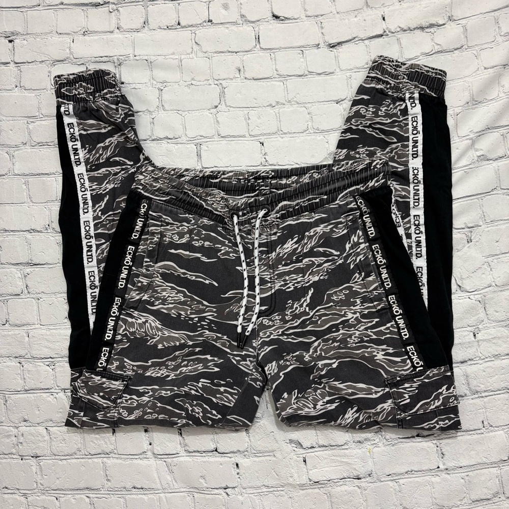 Ecko Unltd Pants Mens Medium Black Gray Camo Tiger Stripe Cargo Drawstring Y2K